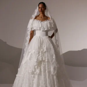 Antique Victorian Vintage Ivory White Lace Off-Shoulder Ball Gown Wedding Dress with Tiered Skirt - Plus Size