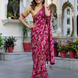 Rani Pink Chiffon Printed Saree