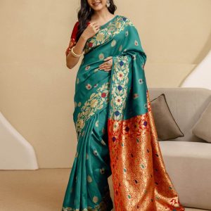 Teal Green Silk Woven Banarasi Saree