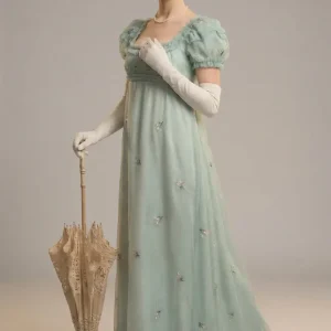 Romantic Mint Green Regency Era Embroidered Dress With Ruffle - Empire Waist Dress Plus Size