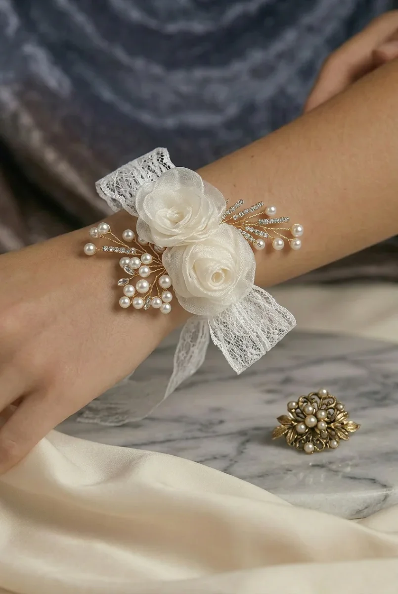 "Vintage-Inspired White Lace and Pearl Bracelet Corsage – Handmade Bridal & Bridesmaid Accessory"