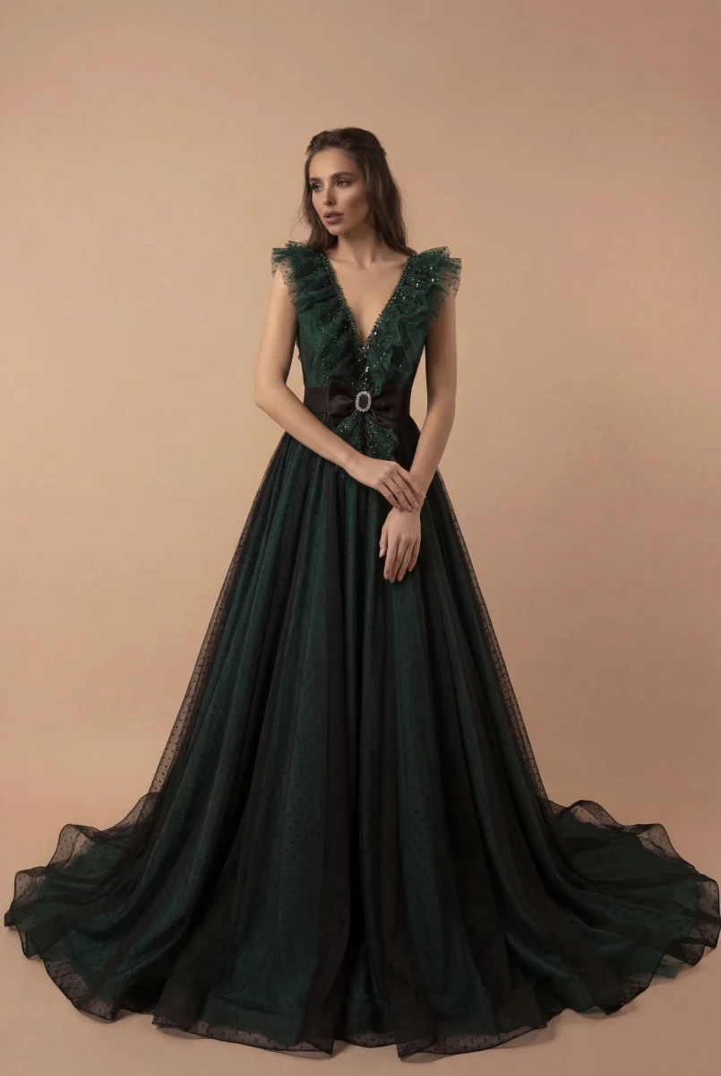 Gothic Forest Green Ball Gown with Textured Ruffle Accents - Green Evening Dress with Bow Tie Belt Plus Size - Image 2