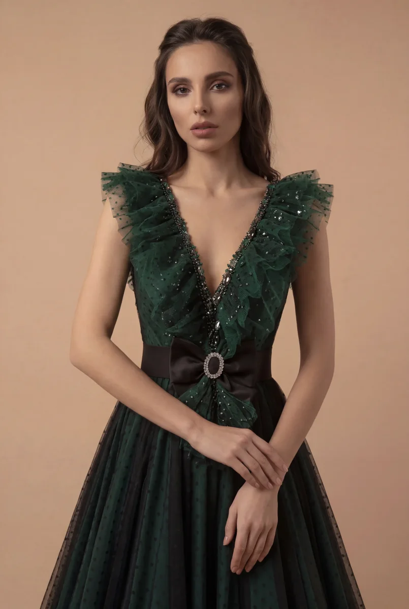 Gothic Forest Green Ball Gown with Textured Ruffle Accents - Green Evening Dress with Bow Tie Belt Plus Size - Image 3