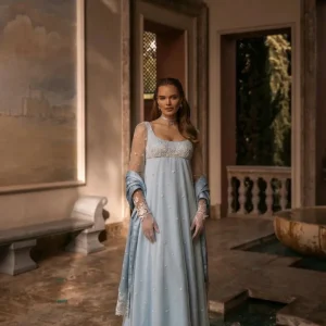 Bridgerton Inspired Daphne Blue Lace Dress Sleeveless - Regency Era Blue Empire Waist Dress Plus Size