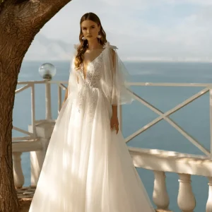 Aline Ball Gown Wedding Dress with Long Sleeves - Floral Beaded Dress - Princess Wedding Gown with Bow Plus Size