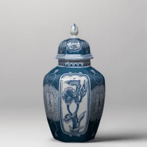 Antique Handmade Blue and White Porcelain Vase with Hand Painted Floral and Pomegranate Design