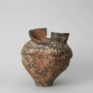 Antique Moroccan Handmade Brown Rustic Ceramic Vase with Rock Texture and Sand Conch Style Decorative Pottery Piece