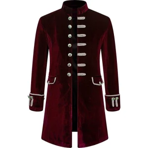 Black Burgundy Sapphire Punk And Gothic Medieval Velvet Coat With Collar For Men Vintage Cosplay Party  -Plus Size