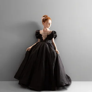 Black Satin Flower Girl Dress with Puff Sleeves – Special Occasion Flower Girl Dress with Train Plus Size