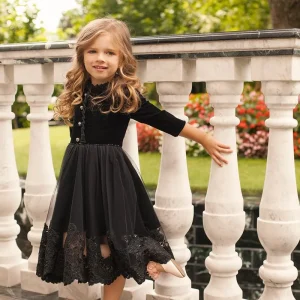 Black Velvet and Lace Plus Size Girl’s Dress – Nikky Elegant Party Gown with 3/4 Sleeves and Decorative Buttons for Special Occasions