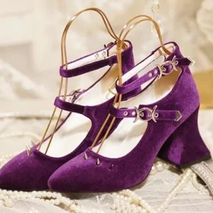 Black Velvet Gothic Heels with Buckle - Gothic Shoes Heels