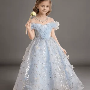Blue Off Shoulder Glitter Flower Girl Dress with Ruffled Bodice – Special Occasion Flower Girl Dress Plus Size