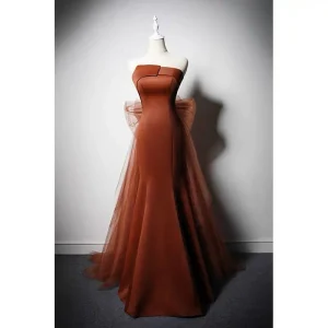Brown Red Satin Mermaid Prom Dress With Gauze - Evening Gown Plus Size