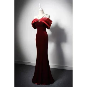 Burgundy Velvet Mermaid Formal Dress With Pearl Chain - Plus Size