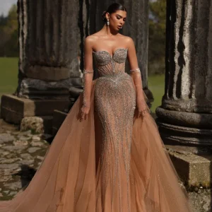 Champagne Sequin Dress with Strapless Bodice and Overskirt – Strapless Glitter Dress with Tulle Plus Size