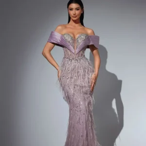 Dusty Pink Sequin Prom Dress Long with Feather Details – White Sequin Dress - Glitter Maxi Dress Plus Size