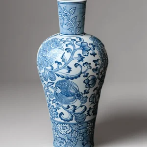 Elegant Oriental Style Light Blue and White Porcelain Vase with Vintage Floral Motifs