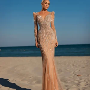 Champagne Dress for Wedding Guest with Long Sleeves - Pretty Sequin Dress with Illusion Details - Illusion Formal Dress Plus Size