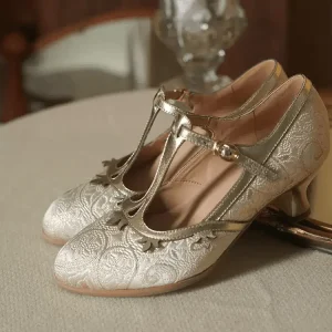 "Golden Garden" – Handmade Embroidered T-Strap Mary Jane Heels