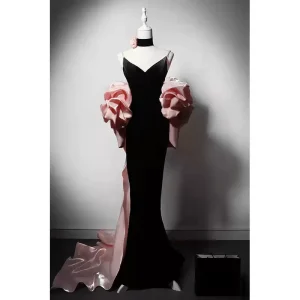 Gothic Black and Pink Velvet Evening Dress with V-Neck - Mermaid Dress Evening Gown with Pink Floral Accents Plus Size