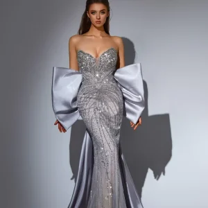 Grey Sequin Dress with Sweetheart Bodice – Sparkly Maxi Dress with Convertible Bow Plus Size