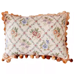 Handmade Vintage Floral Cushion with Pom Pom Trim – Rustic Floral Pillow Cover & Eclectic Couch Pillow