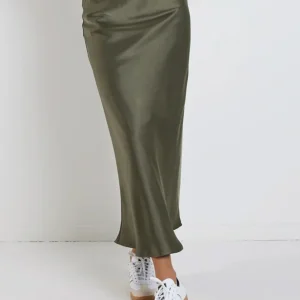 Rosette Satin Bias Midi Skirt - Khaki