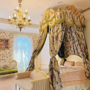“Le Jardin Royal” Rococo Curtains – Versailles Floral Drapery Canopy with Baroque Tassel Valance for French Palace Bedroom Decor