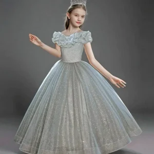 Light Green Off Shoulder Glitter Flower Girl Dress with Layered Tulle – Sparkly Ball Gown Flower Girl Dress Plus Size