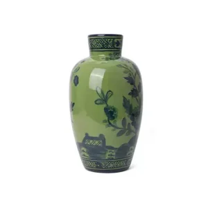 Oriental Italian Handmade Green Porcelain Vase with Indigo Hand-Painted Floral Motifs