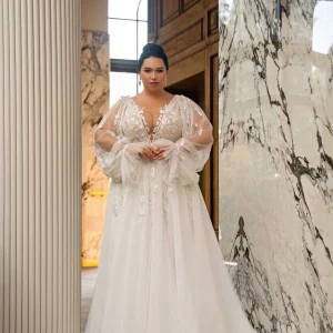 Plus Size Fairy Inspired Wedding Dress with V-Neckline and Beads - Detachable Long Sleeves Wedding Dress with Lace and Silver Sequins - NANCY