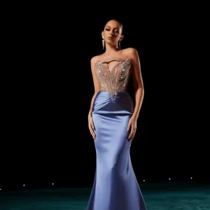 Blue Sequin Evening Gown with Beaded Corset – Strapless Glitter Dress with Satin Skirt and High Slit Plus Size