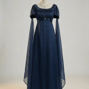 Regency Era Navy Blue Empire Waist Gown – Bridgerton Inspired Sheer Overlay Plus Size