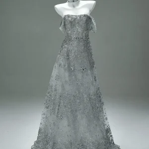 Silver Sequin Evening Gown with Corset Back – Sparkly Maxi Dress with Crystal Embellishments and Matching Choker Plus Size